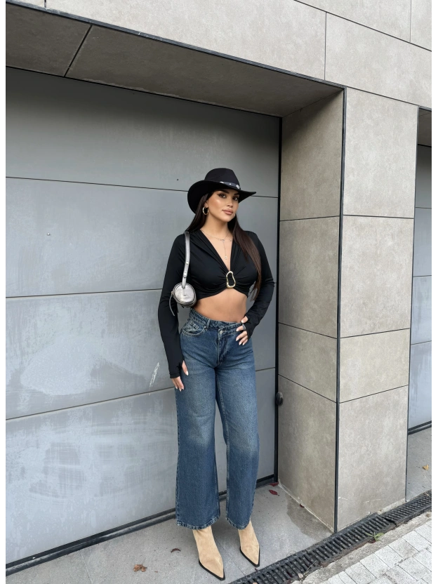 Mavi Tint Asimetrik Düğmeli Pantolon