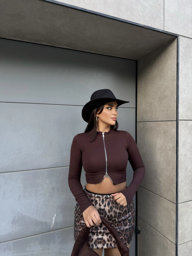 Kahverengi Çift Fermuarlı Crop Hırka