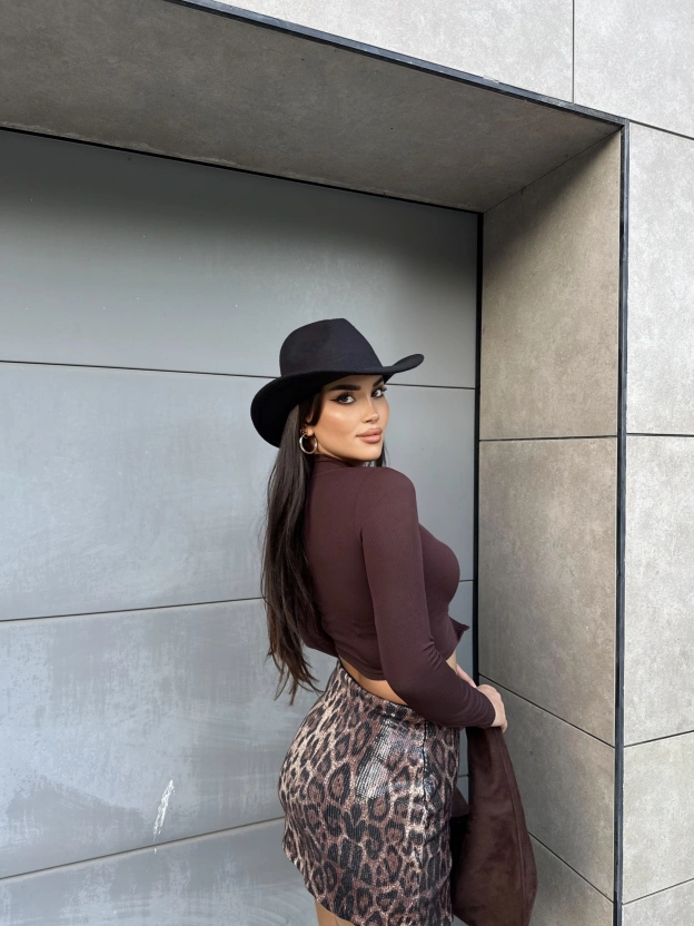 Kahverengi Çift Fermuarlı Crop Hırka