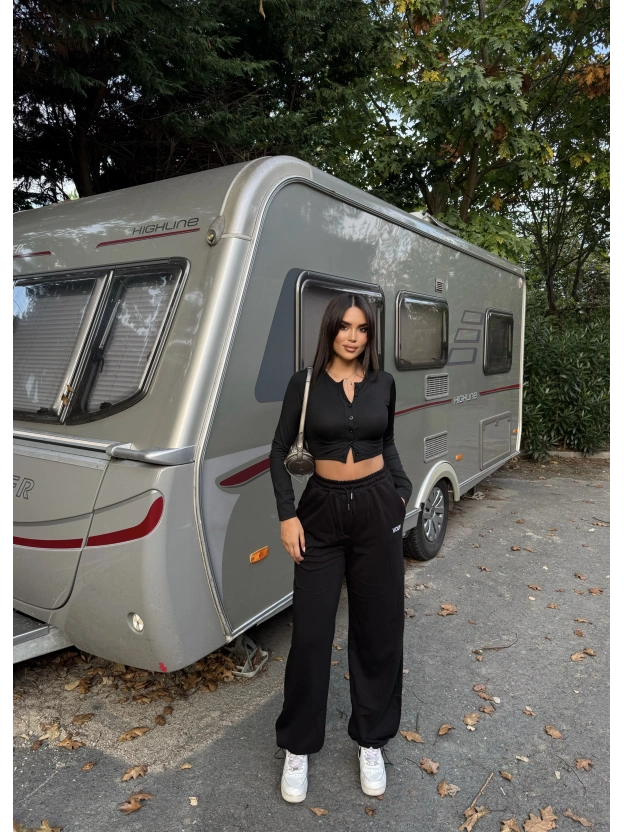 Siyah Nakışlı Oversize Eşofman Altı
