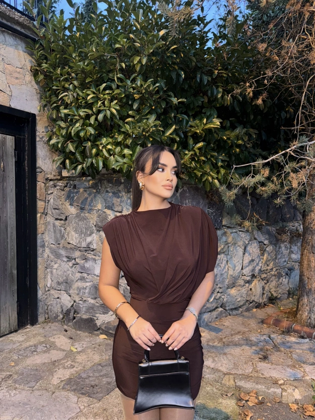 Kahverengi Vatkalı Zra Model Elbise