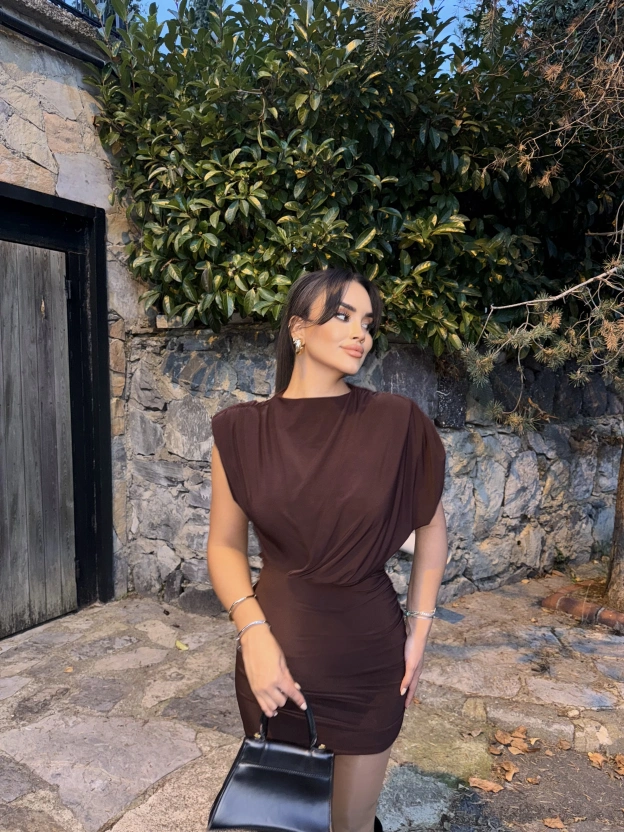 Kahverengi Vatkalı Zra Model Elbise