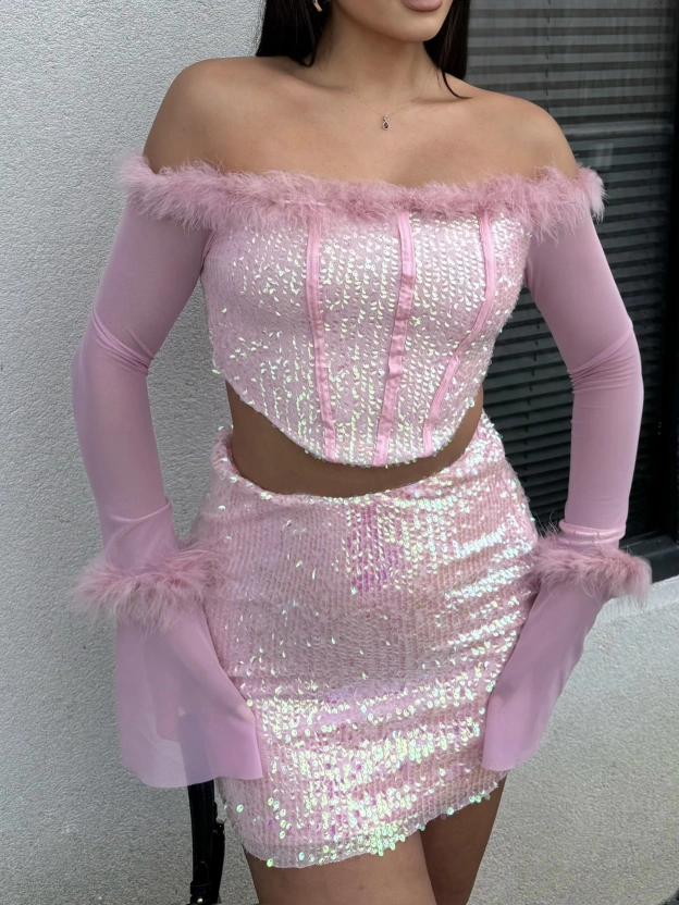 Pembe Payetli Tül Detay Takım