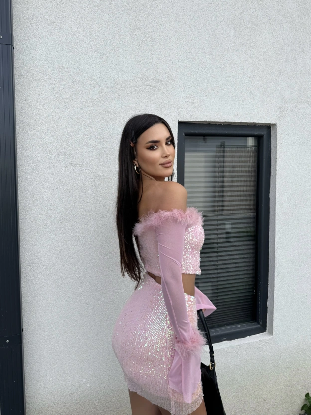 Pembe Payetli Tül Detay Takım