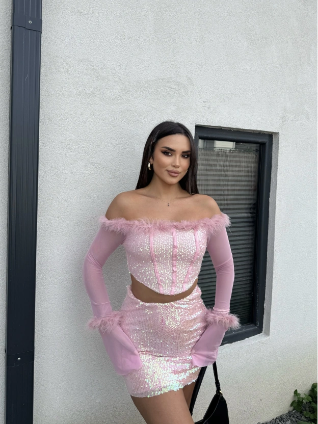 Pembe Payetli Tül Detay Takım
