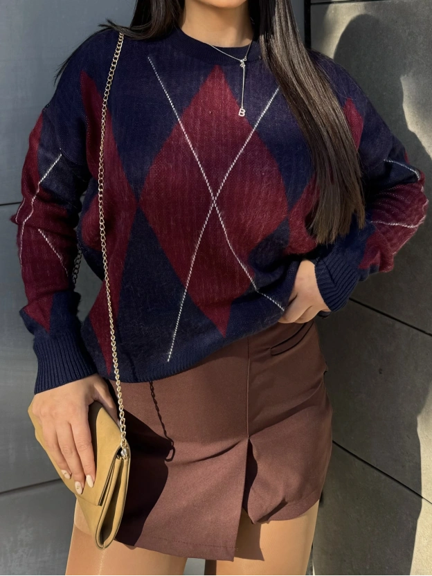 Baklava Desen Lacivert Bordo Kazak