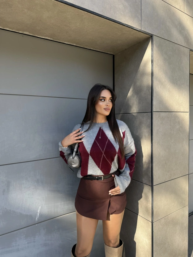 Baklava Desen Gri Bordo Kazak