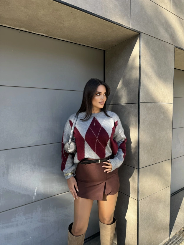 Baklava Desen Gri Bordo Kazak