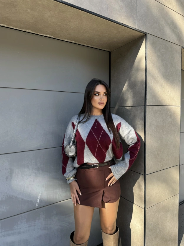 Baklava Desen Gri Bordo Kazak