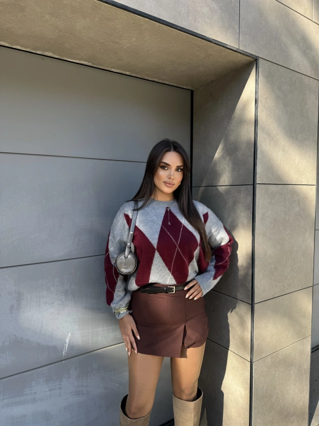 Baklava Desen Gri Bordo Kazak