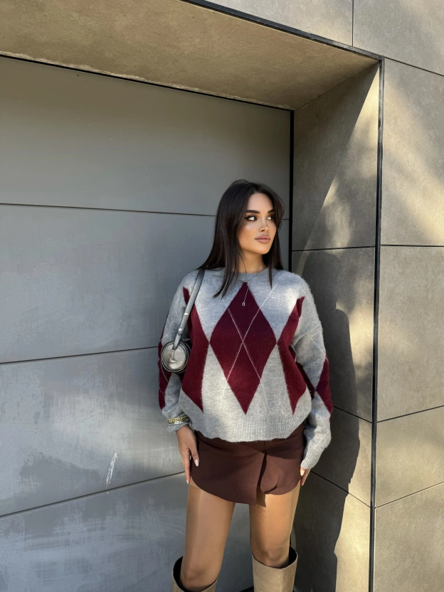 Baklava Desen Gri Bordo Kazak