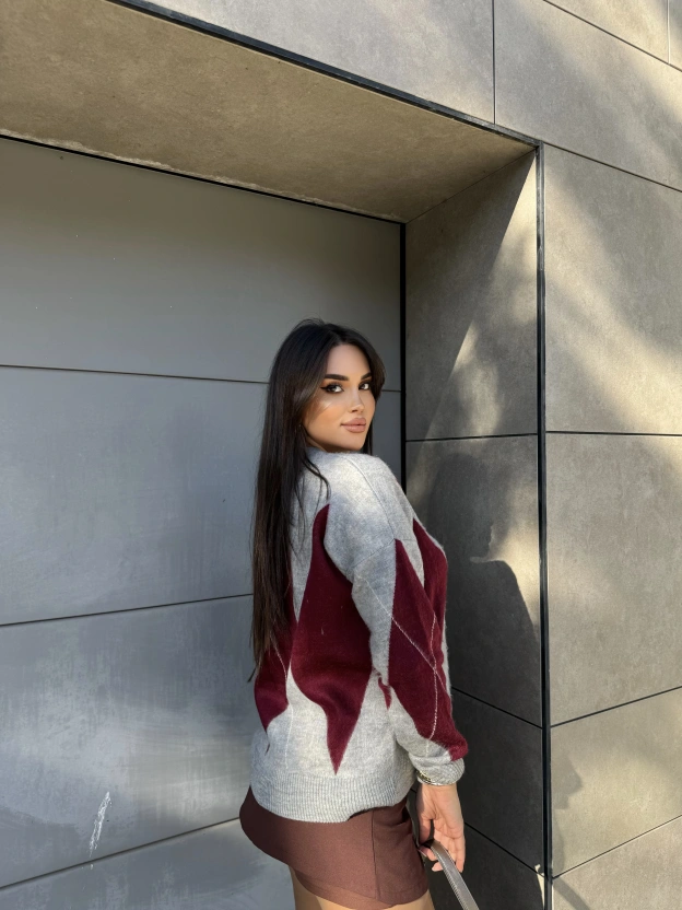 Baklava Desen Gri Bordo Kazak