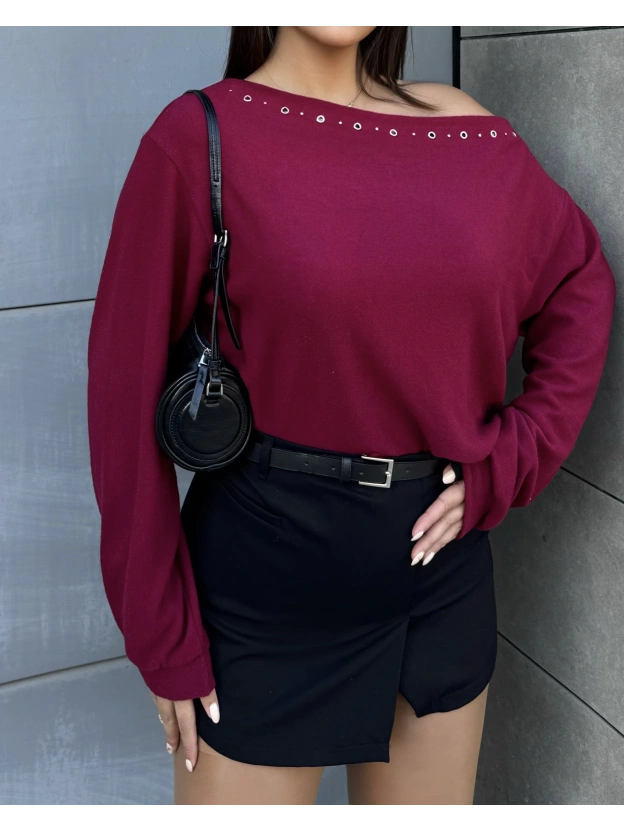 Bordo Yumoş Kayık Yaka Tasarım Bluz