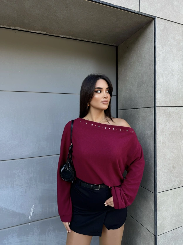 Bordo Yumoş Kayık Yaka Tasarım Bluz