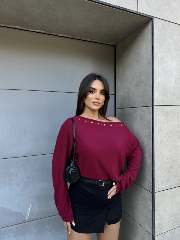 Bordo Yumoş Kayık Yaka Tasarım Bluz