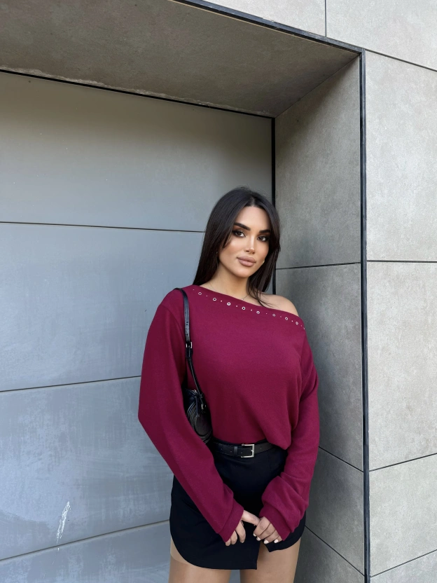 Bordo Yumoş Kayık Yaka Tasarım Bluz