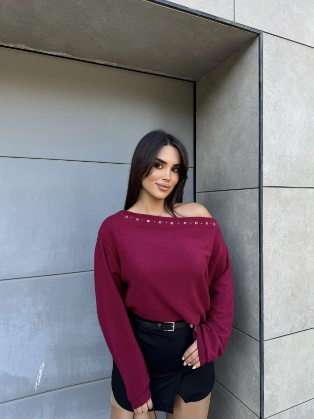 Bordo Yumoş Kayık Yaka Tasarım Bluz