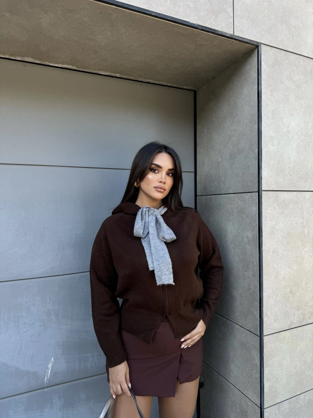 Kahverengi Fularlı Tasarım Bluz