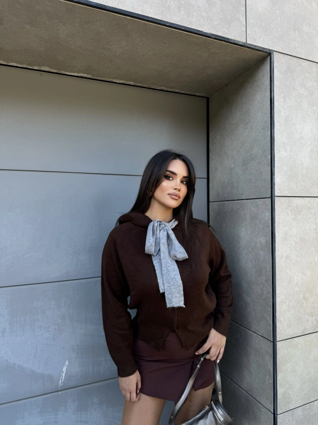 Kahverengi Fularlı Tasarım Bluz