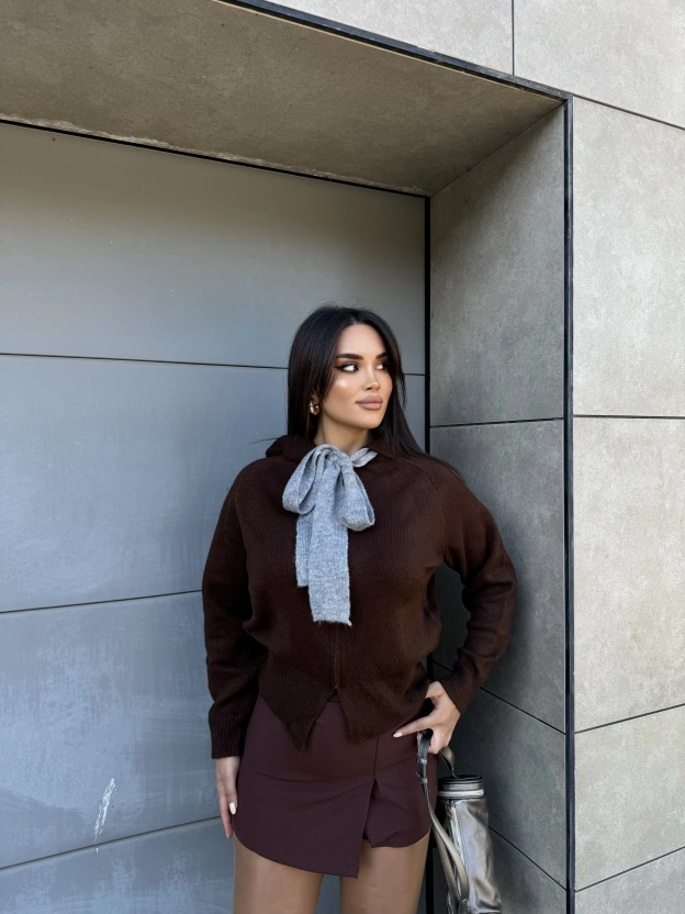 Kahverengi Fularlı Tasarım Bluz