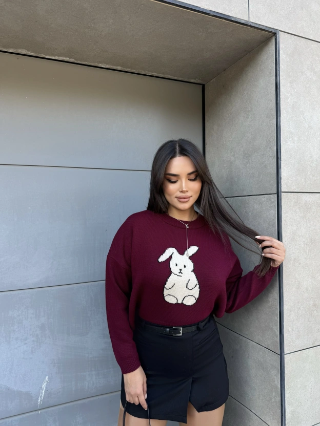 Bordo Tavşan Desenli Kazak