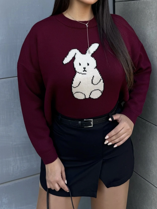 Bordo Tavşan Desenli Kazak