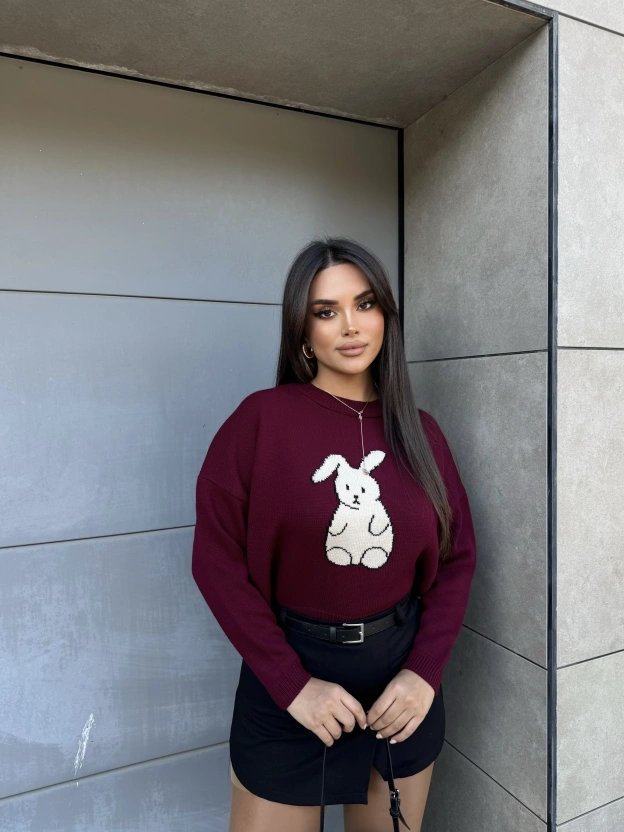 Bordo Tavşan Desenli Kazak