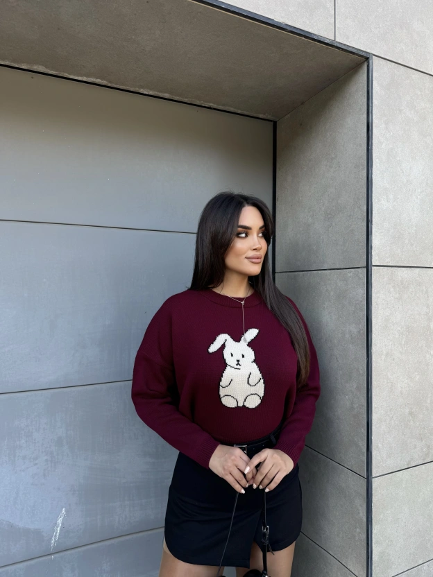 Bordo Tavşan Desenli Kazak