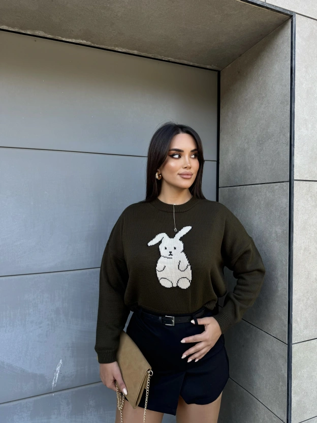 Haki Tavşan Desenli Kazak