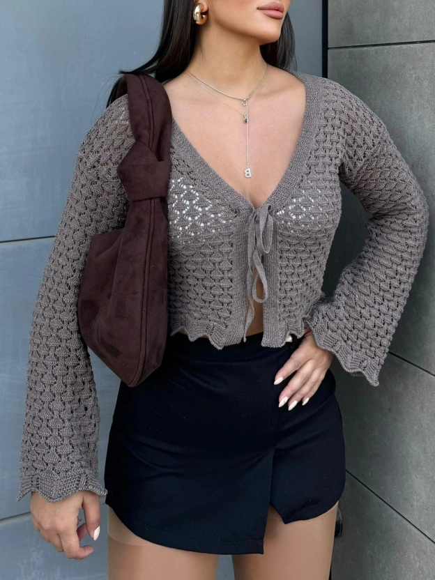 Kahverengi Ajurlu Ön Bağlamalı Triko Bluz