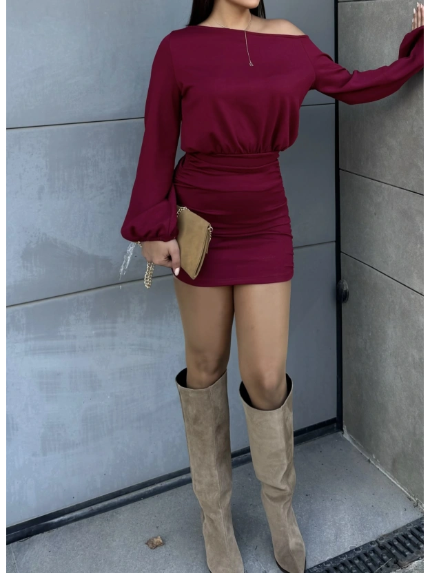 Bordo Modal Kayık Yaka Elbise