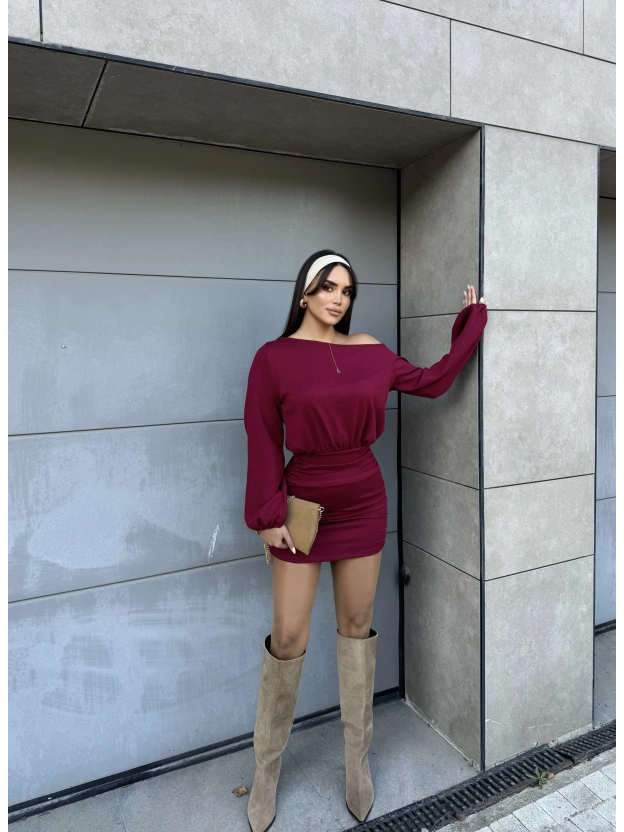 Bordo Modal Kayık Yaka Elbise