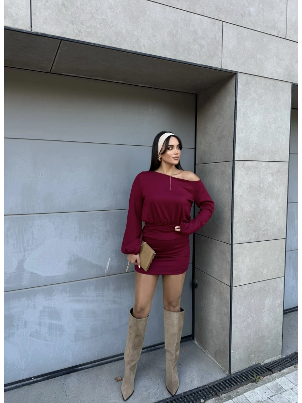 Bordo Modal Kayık Yaka Elbise