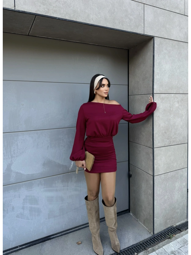 Bordo Modal Kayık Yaka Elbise