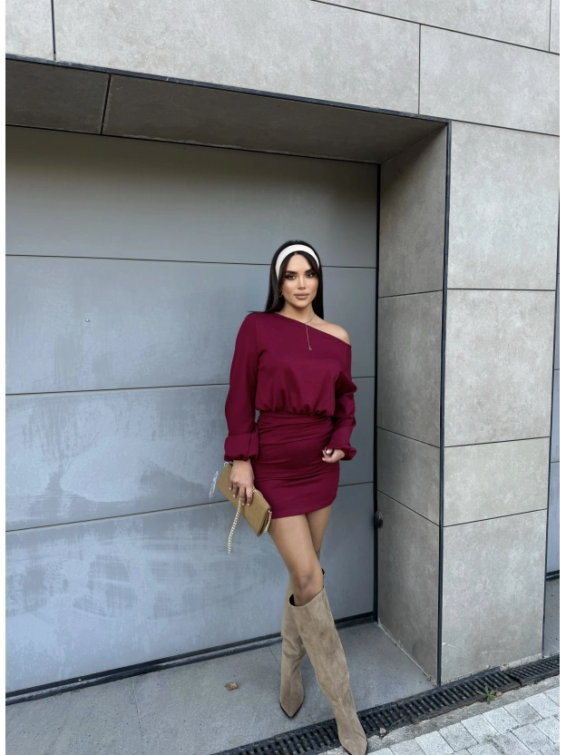 Bordo Modal Kayık Yaka Elbise
