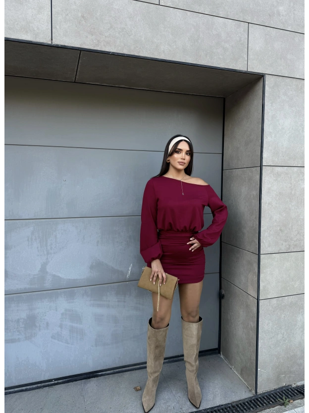 Bordo Modal Kayık Yaka Elbise