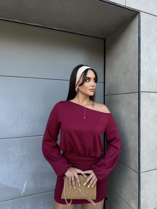 Bordo Modal Kayık Yaka Elbise