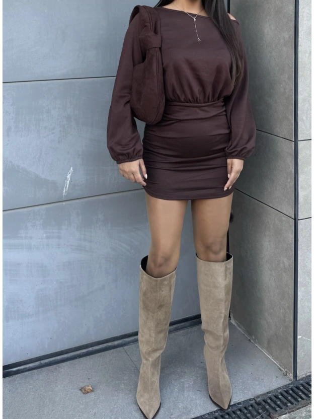 Kahverengi Modal Kayık Yaka Elbise