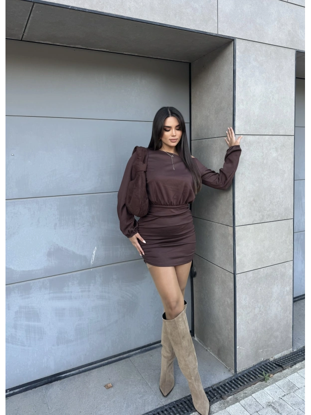 Kahverengi Modal Kayık Yaka Elbise