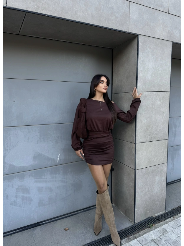 Kahverengi Modal Kayık Yaka Elbise