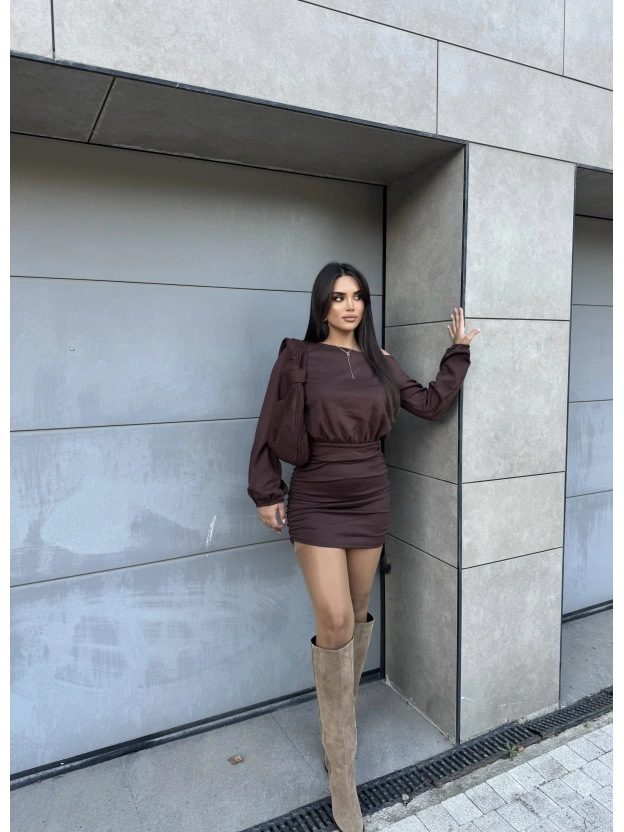 Kahverengi Modal Kayık Yaka Elbise
