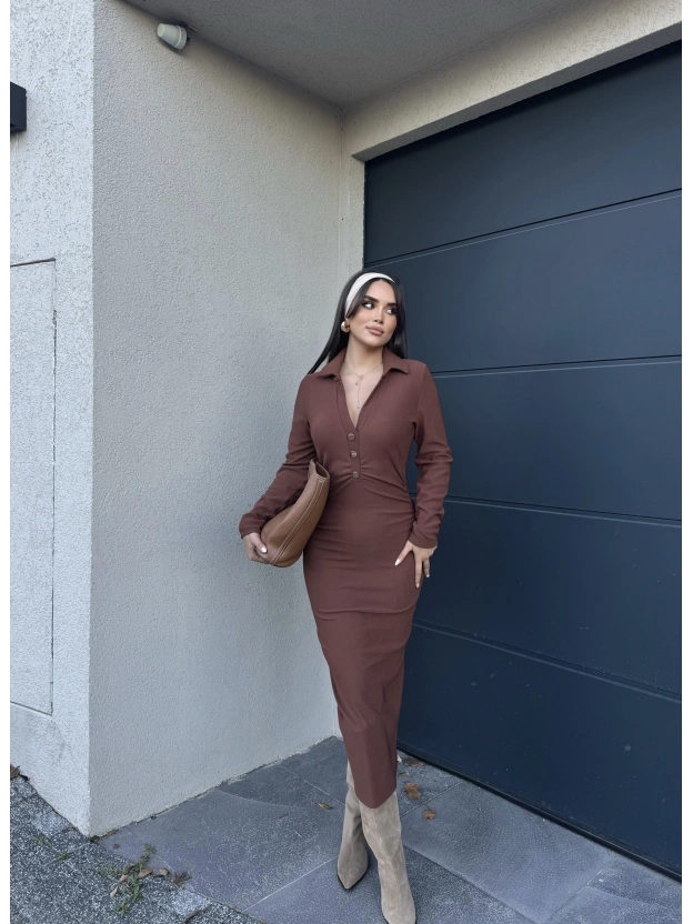 Kahverengi Polo Yaka Düğmeli Elbise