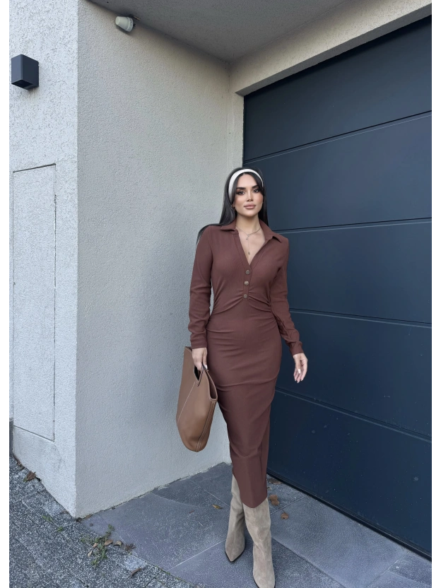 Kahverengi Polo Yaka Düğmeli Elbise