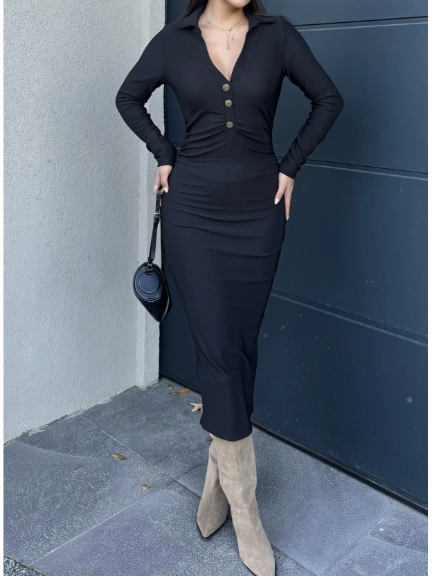 Siyah Polo Yaka Düğmeli Elbise