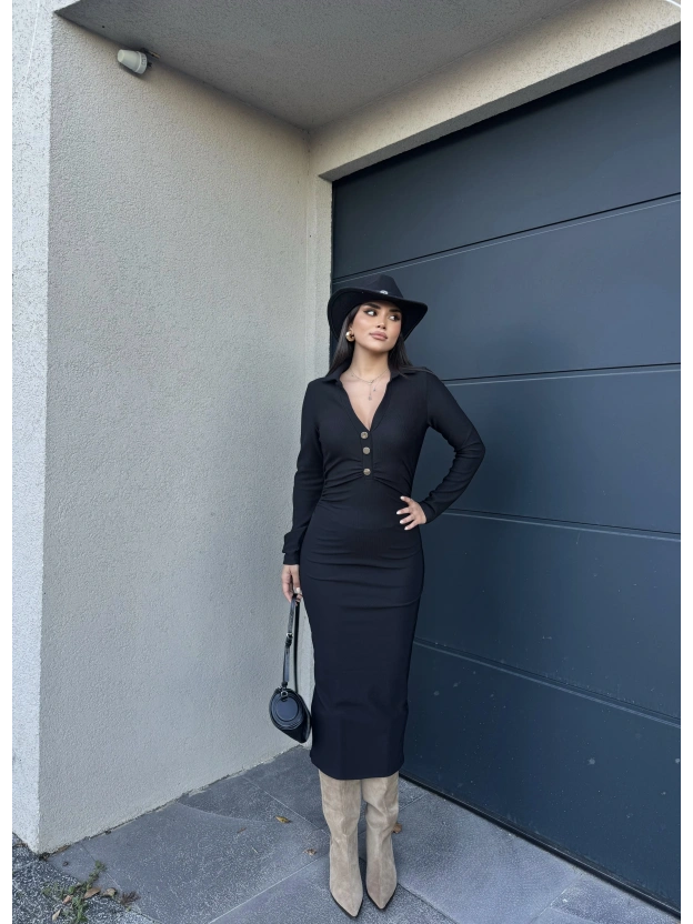 Siyah Polo Yaka Düğmeli Elbise