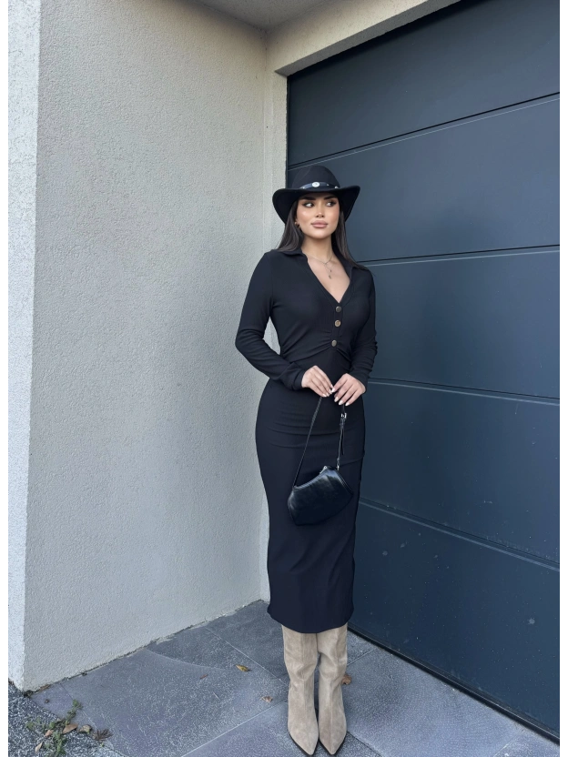 Siyah Polo Yaka Düğmeli Elbise