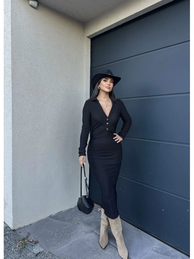 Siyah Polo Yaka Düğmeli Elbise