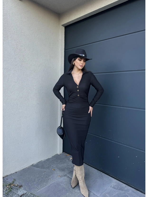 Siyah Polo Yaka Düğmeli Elbise