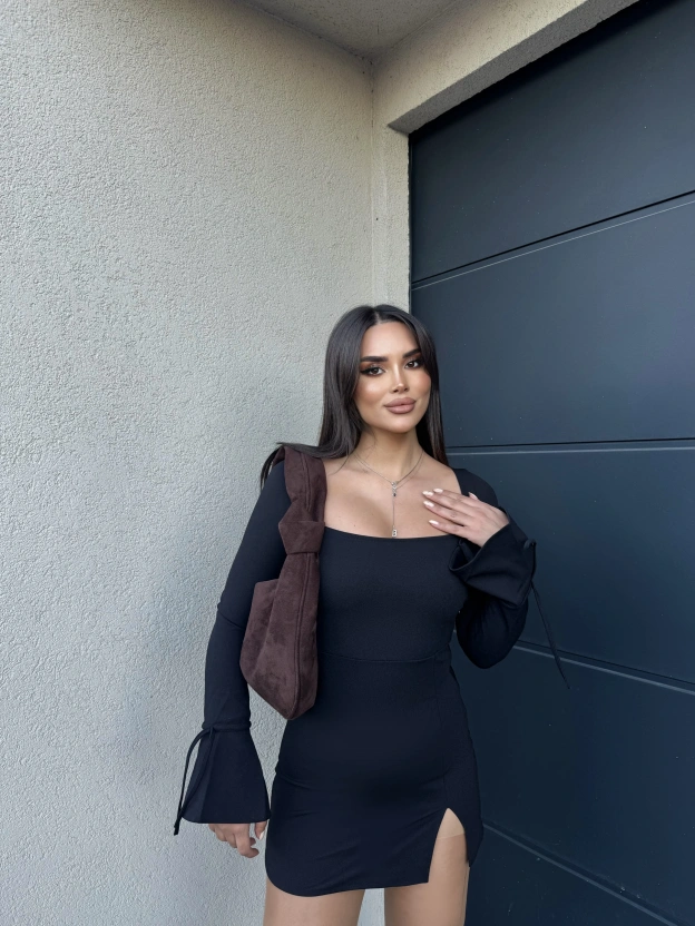 Siyah İspanyol Kol Crep Mini Elbise