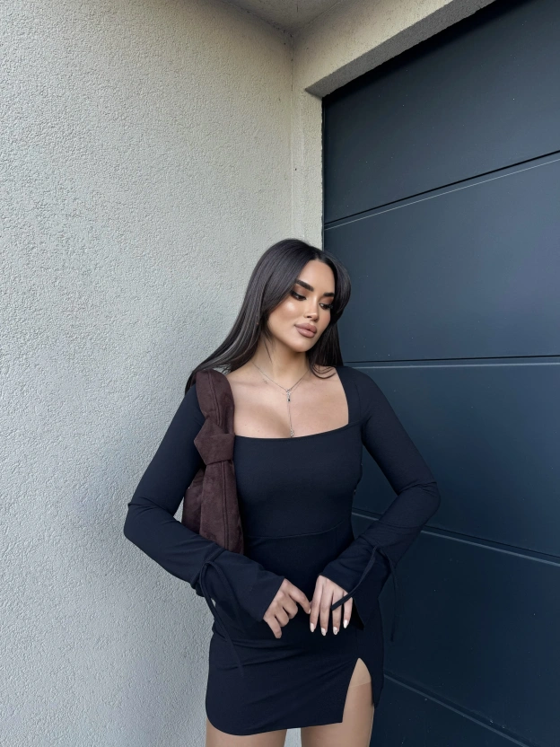 Siyah İspanyol Kol Crep Mini Elbise